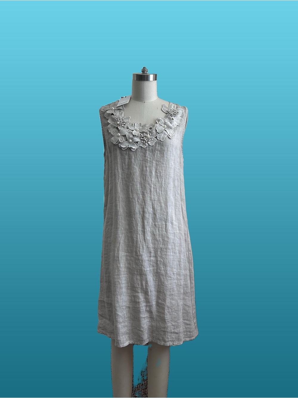 Rosemarine 100% Linen 3-D
Embroidered Flowers Faux Pearl A-Line Dress in Fango